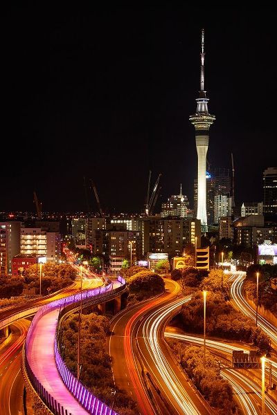 Motorways-Lightpath cycleway-and Skytower at night-Auckland-North Island-New Zealand